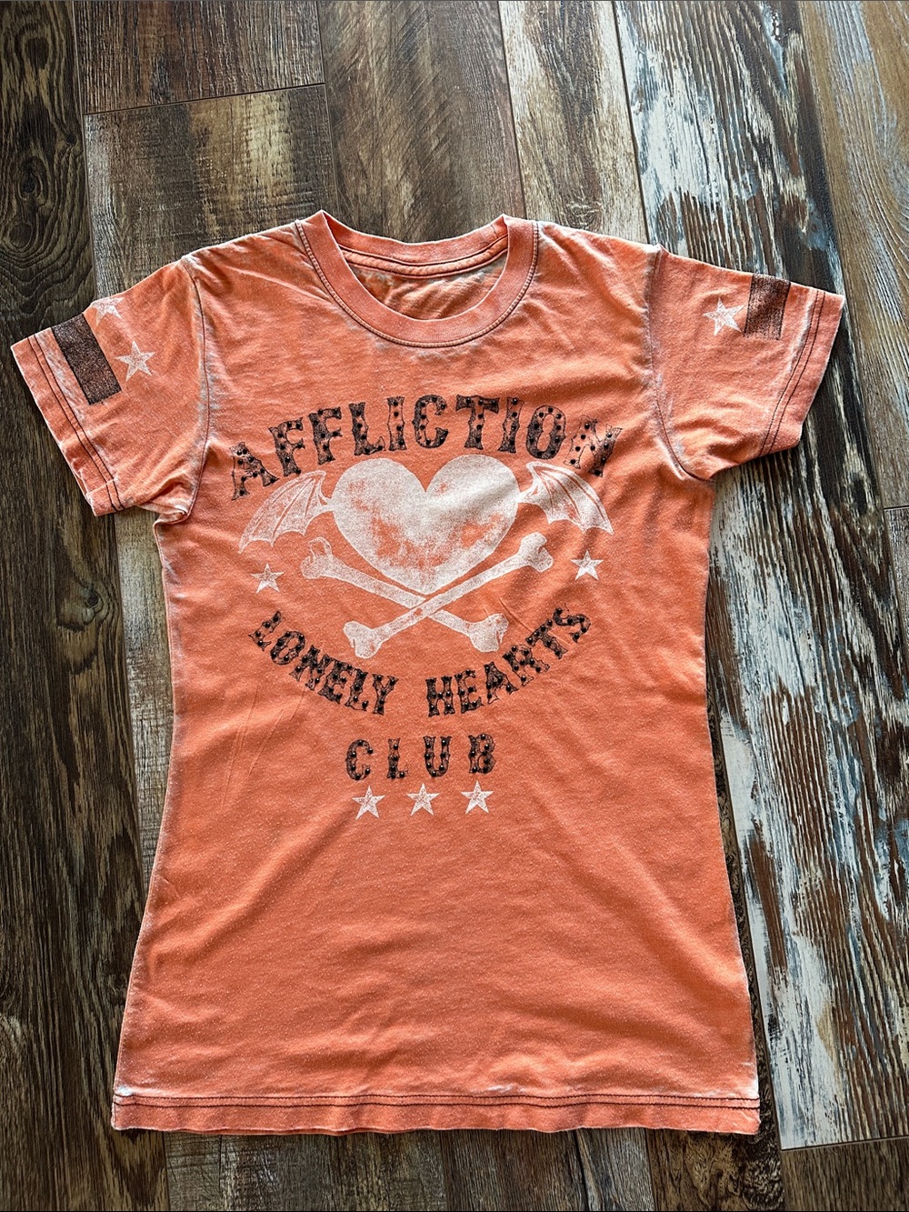 Affliction Orange Distressed Graphic Tee - Lonely Hearts Club Motif